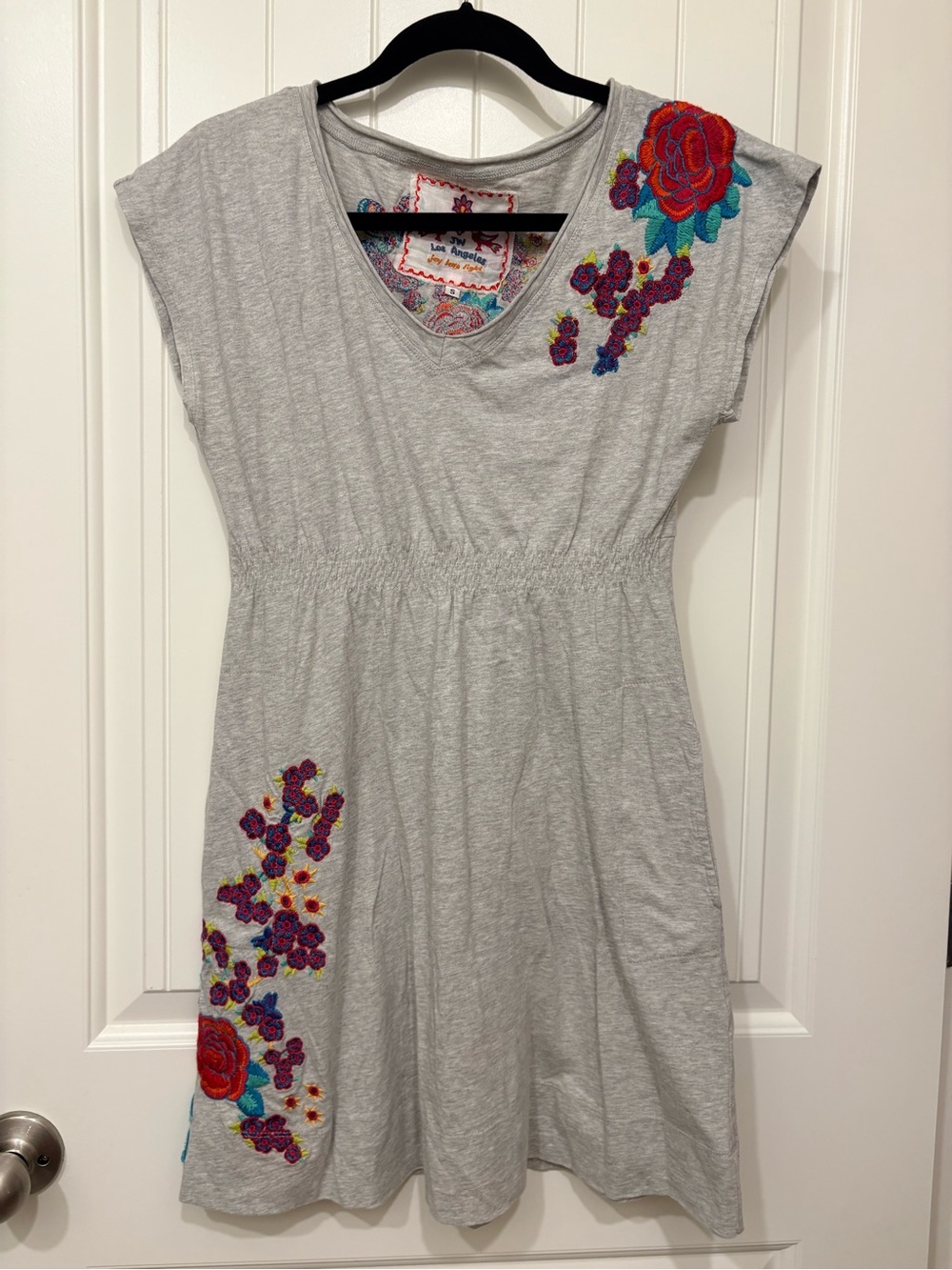Johnny Was LA Gray Dress Floral Embroidery Elastic Waist Cotton Size Small